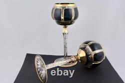 Set Of 2 Vintage Moser Cobalt Blue Gold Gilt Bohemia Crystal Goblets Mint