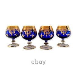 Set of 4 VTG Italian Cobalt Blue Crystal Glasses Snifters Goblet 24K Gold