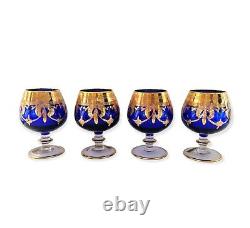 Set of 4 VTG Italian Cobalt Blue Crystal Glasses Snifters Goblet 24K Gold