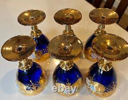 Set of 6 Bohemian Czech Raised Enamel Cobalt Blue Gold Wine Glass Twist Goblets