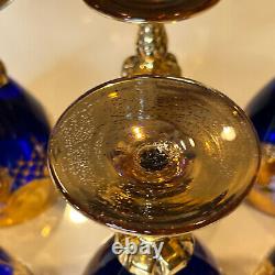 Set of 6 Bohemian Czech Raised Enamel Cobalt Blue Gold Wine Glass Twist Goblets