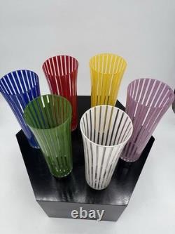 Set of 6 Striped Glass Vases Blue, Red, Yellow, Green, White, Purple