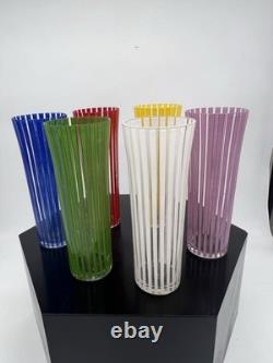 Set of 6 Striped Glass Vases Blue, Red, Yellow, Green, White, Purple