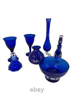 Set of 7 VTG Blue Cobalt Glass Glasses Vase Bowl Perfume Bottle