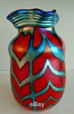 Signed 1976 CHARLES LOTTON Art Glass MANDARIN RED BLUE AURENE Silver Thread VASE