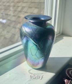 Signed 1990s Hand-Blown Iridescent Art Glass Vase Blue Green Luster Vintage