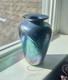 Signed 1990s Hand-Blown Iridescent Art Glass Vase Blue Green Luster Vintage