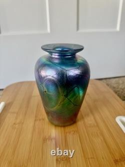 Signed 1990s Hand-Blown Iridescent Art Glass Vase Blue Green Luster Vintage
