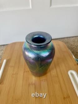 Signed 1990s Hand-Blown Iridescent Art Glass Vase Blue Green Luster Vintage