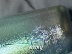 Signed 1990s Hand-Blown Iridescent Art Glass Vase Blue Green Luster Vintage