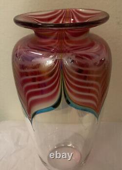 Signed 1996 Stuart Abelman V1233-G 19Iridescent Pulled Feather Art Glass Vase 9