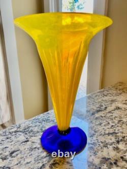 Signed 2001 Richard Blenko Hand Blown Glass Yellow And Blue Vase 11
