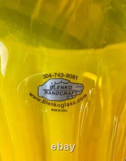Signed 2001 Richard Blenko Hand Blown Glass Yellow And Blue Vase 11