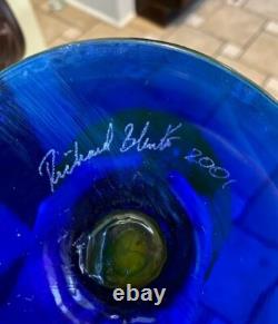 Signed 2001 Richard Blenko Hand Blown Glass Yellow And Blue Vase 11