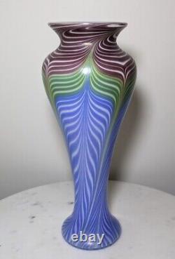 Signed 2009 Vandermark Studio Art Glass Blue Iridescent Pulled Feather Vase 12