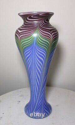 Signed 2009 Vandermark Studio Art Glass Blue Iridescent Pulled Feather Vase 12