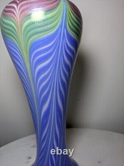 Signed 2009 Vandermark Studio Art Glass Blue Iridescent Pulled Feather Vase 12