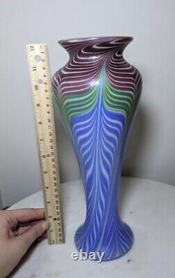 Signed 2009 Vandermark Studio Art Glass Blue Iridescent Pulled Feather Vase 12