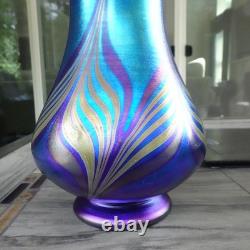 Signed 2010 Vandermark Art Glass Blue Aurene Iridescent Pulled Feather Vase 9