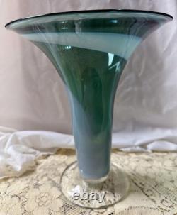 Signed Andres Chapman Blown Art Glass Vase 12 Teal White Swirl Trumpet