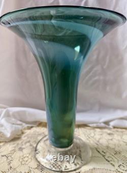 Signed Andres Chapman Blown Art Glass Vase 12 Teal White Swirl Trumpet