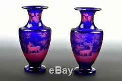Signed Antique New England Glass Co. Cobalt Engraved to Cranberry Cut Vases
