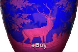 Signed Antique New England Glass Co. Cobalt Engraved to Cranberry Cut Vases