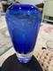 Signed Betsy Ray Cobalt Blue Hand blown Art Glass Vase With Etched Leaf Design