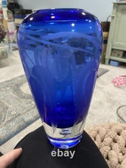 Signed Betsy Ray Cobalt Blue Hand blown Art Glass Vase With Etched Leaf Design
