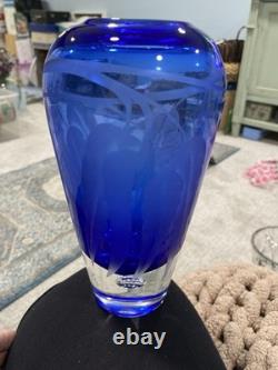 Signed Betsy Ray Cobalt Blue Hand blown Art Glass Vase With Etched Leaf Design