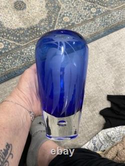 Signed Betsy Ray Cobalt Blue Hand blown Art Glass Vase With Etched Leaf Design