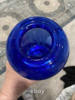 Signed Betsy Ray Cobalt Blue Hand blown Art Glass Vase With Etched Leaf Design