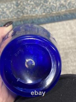 Signed Betsy Ray Cobalt Blue Hand blown Art Glass Vase With Etched Leaf Design