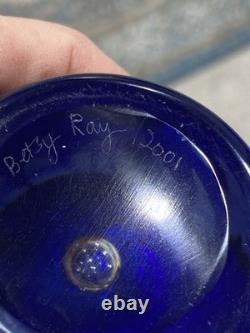Signed Betsy Ray Cobalt Blue Hand blown Art Glass Vase With Etched Leaf Design