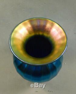 Signed, Dated, Numbered LUNDBERG STUDIOS Aurene Favrille Blue & Gold Ribbed Vase