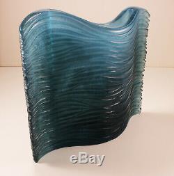 Signed Daum Blue Pate de Verre Glass Lean Narrow Wave Vase, beautiful design