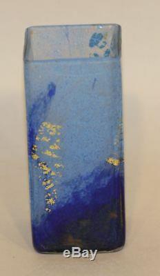 Signed Daum Nancy France 4-3/4 Inch Blue Glass with Gold Flake Square Bud Vase
