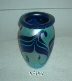 Signed Eickholt Art Glass Iridescent Pulled Feather Blue Vase 7 1/2