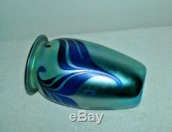 Signed Eickholt Art Glass Iridescent Pulled Feather Blue Vase 7 1/2