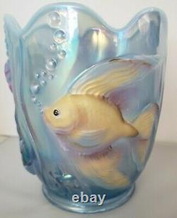 Signed Fenton Misty Blue Glass Vase Atlantis Fish Opalescent Iridescent Verlys