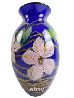 Signed Fields And Fields Blown Glass Vase 11.5 Cobalt Blue Pink White Flowers