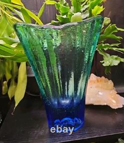 Signed Fire And Light Aurora Vase Bi Color Aqua To Blue 9 Tall Art Glass Rare