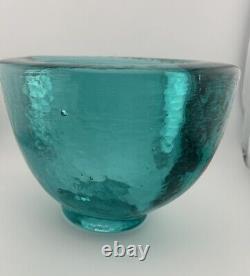 Signed Fire & Light Recycled Glass Oval Wide Lip Vase Bowl Aqua! Perfect