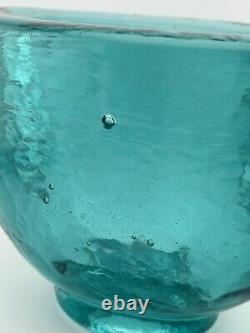 Signed Fire & Light Recycled Glass Oval Wide Lip Vase Bowl Aqua! Perfect