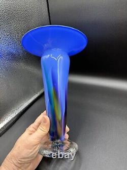 Signed Fritz Lauenstein Hand Blown Blue Multi Color Recycled Glass Vase