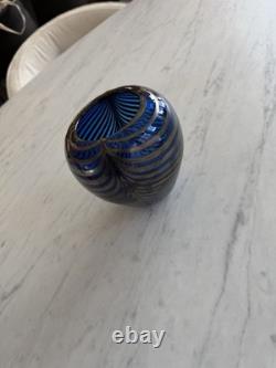 Signed Hand-Blown Studio Art Glass Vase Sapphire Blue, Silver Threading, 1995