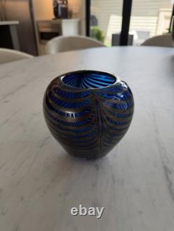 Signed Hand-Blown Studio Art Glass Vase Sapphire Blue, Silver Threading, 1995
