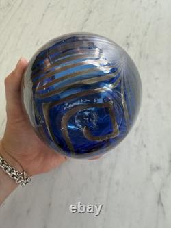 Signed Hand-Blown Studio Art Glass Vase Sapphire Blue, Silver Threading, 1995