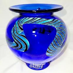 Signed Henry Summa Opaque Cobalt Blue Iridescent Dragon Art Glass Flower Vase