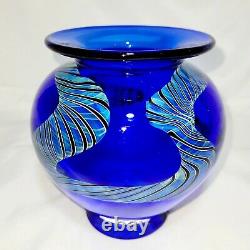 Signed Henry Summa Opaque Cobalt Blue Iridescent Dragon Art Glass Flower Vase